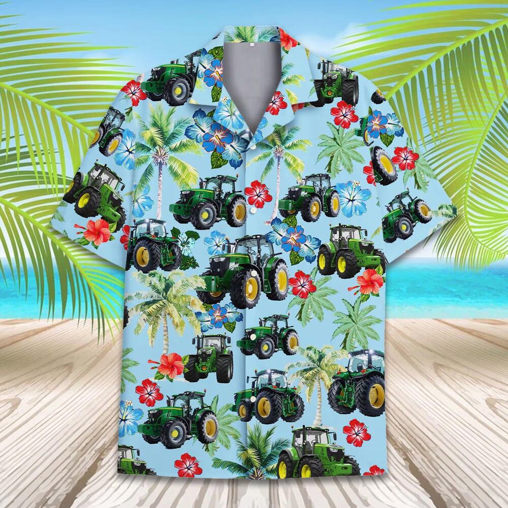 Green Farm Tractor Floral Hawaiian Shirt Tropical Country Agriculture Farmer